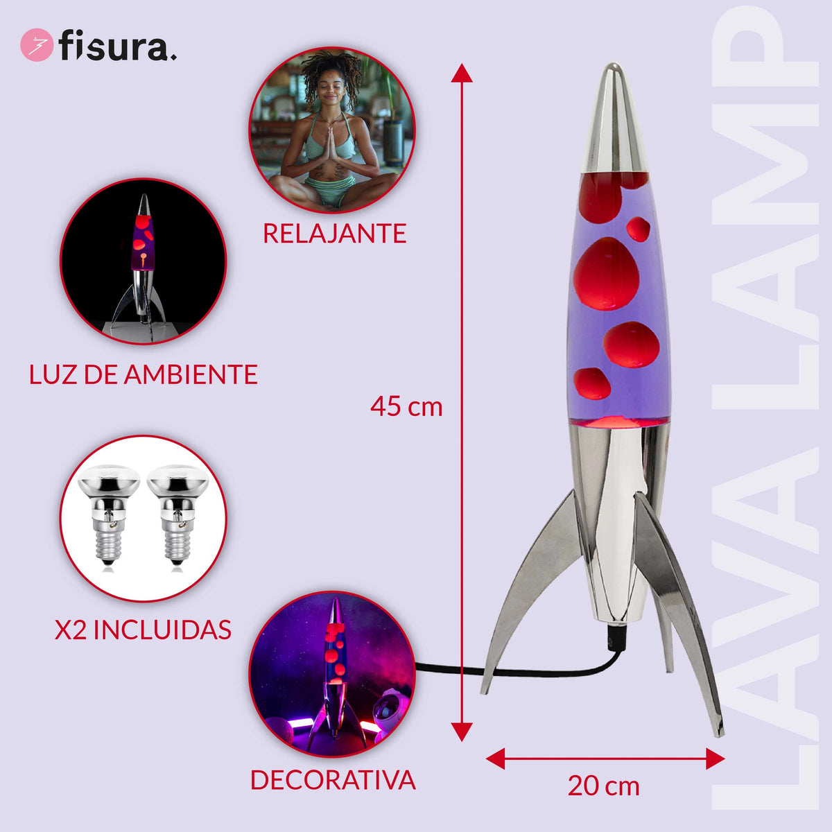 Lavalampe Rocket – Silber · Violette Lava · Retro · 45 cm | Fisura