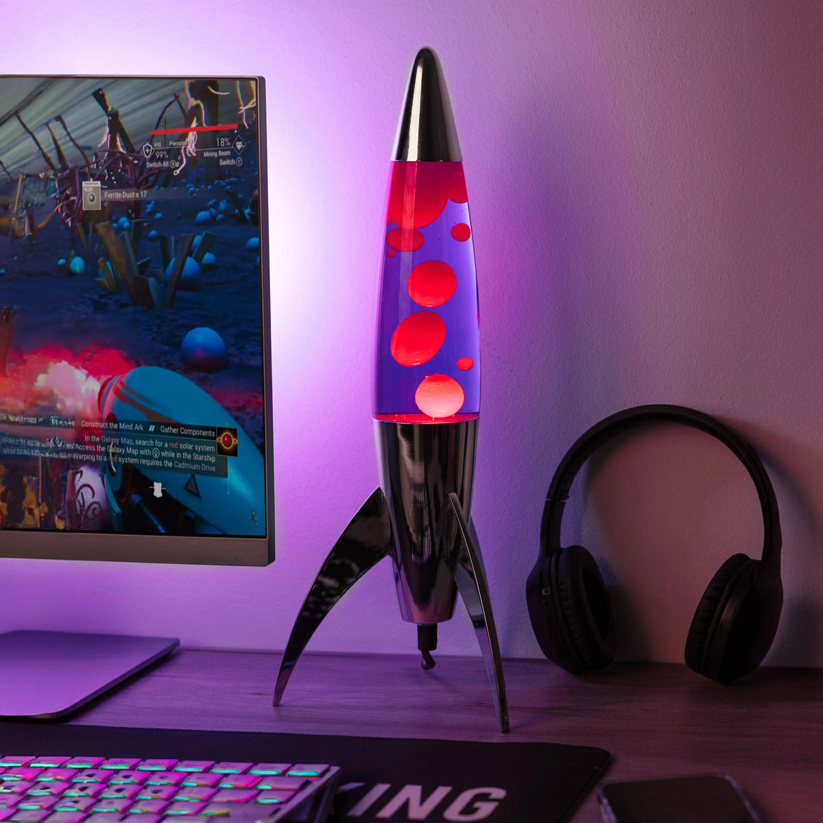 Lavalampe Rocket – Silber · Violette Lava · Retro · 45 cm | Fisura