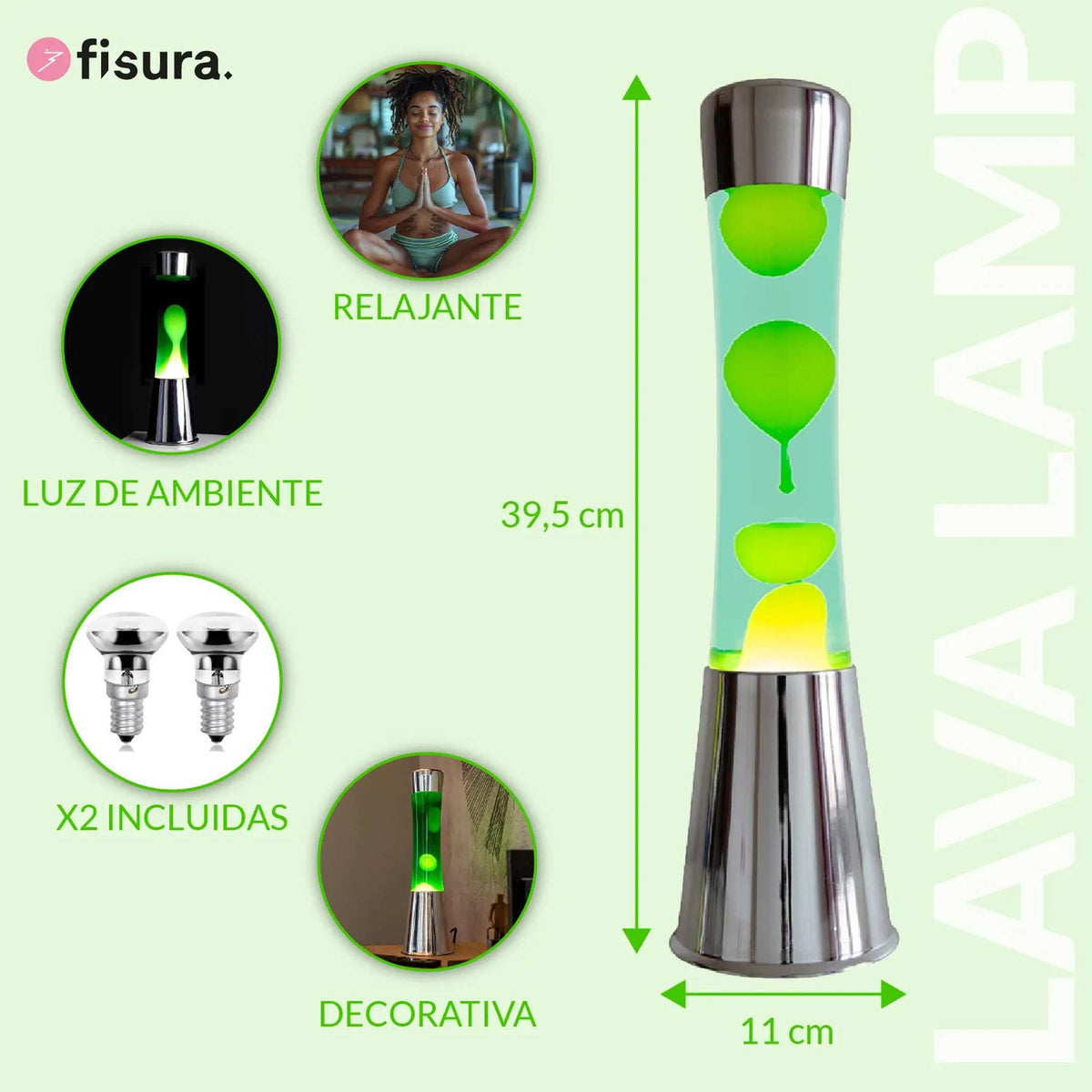 Lavalampe Tower – Chrom · Grüne Lava · Retro · 39,5 cm | Fisura