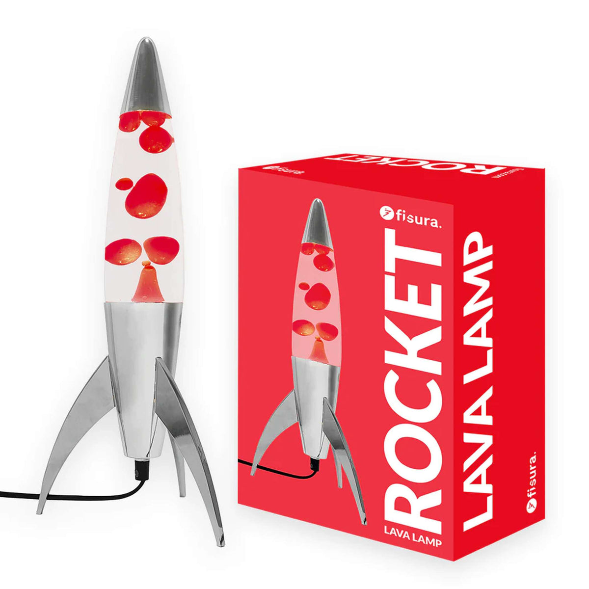 Lavalampe Rocket – Silber · Rote Lava · Retro · 45 cm | Fisura