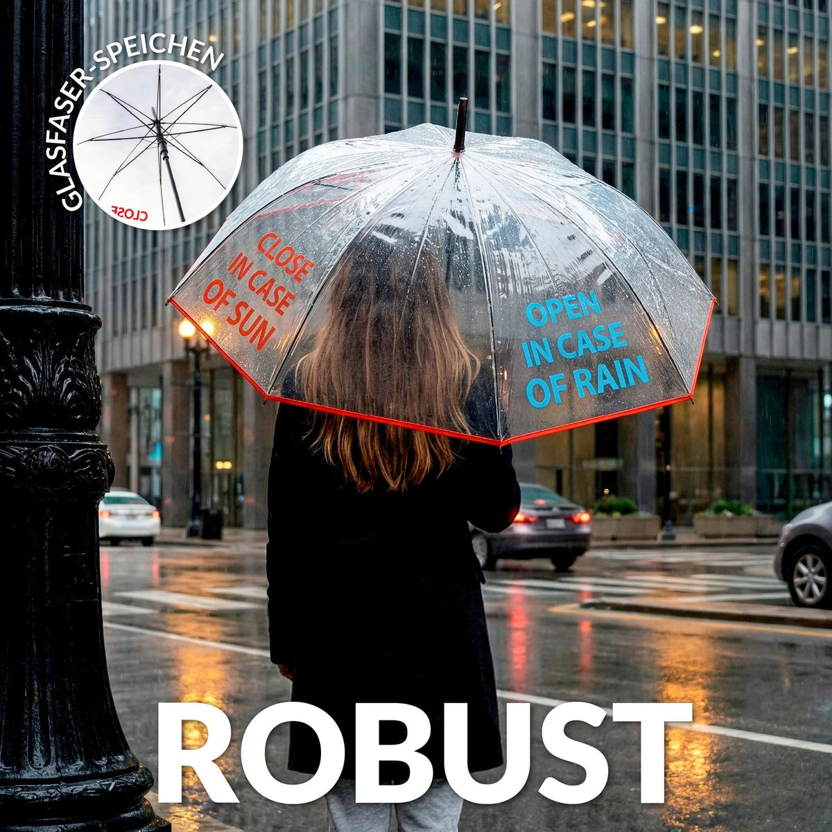 Regenschirm "open in case of..." – Transparent · Ø 103 cm | Fisura
