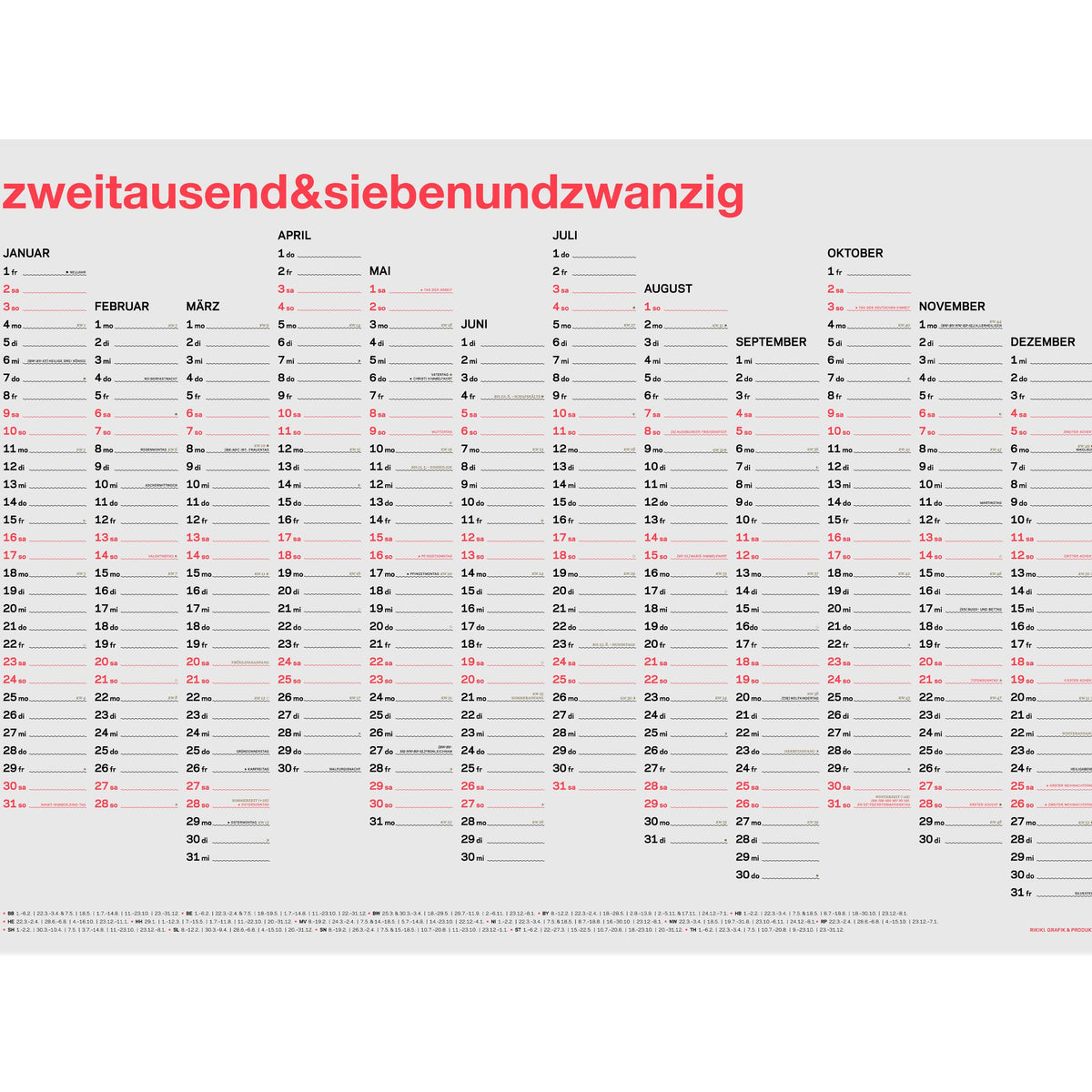 Jahreskalender 2027 – Siebdruck · Neon-Korall · A2 | rikiki
