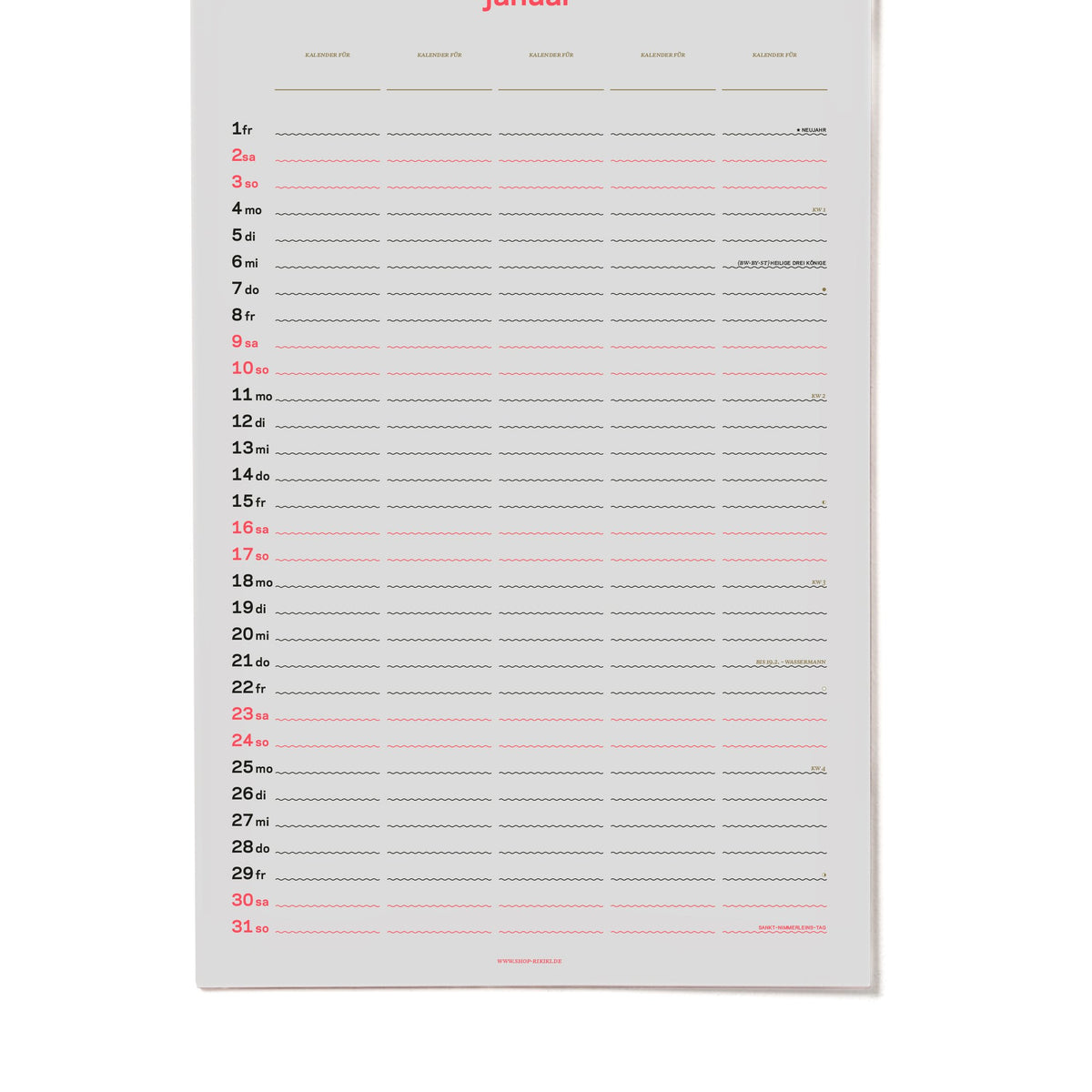 Familienkalender 2027 – Siebdruck · 5 Spalten · 26,7×42 cm | rikiki