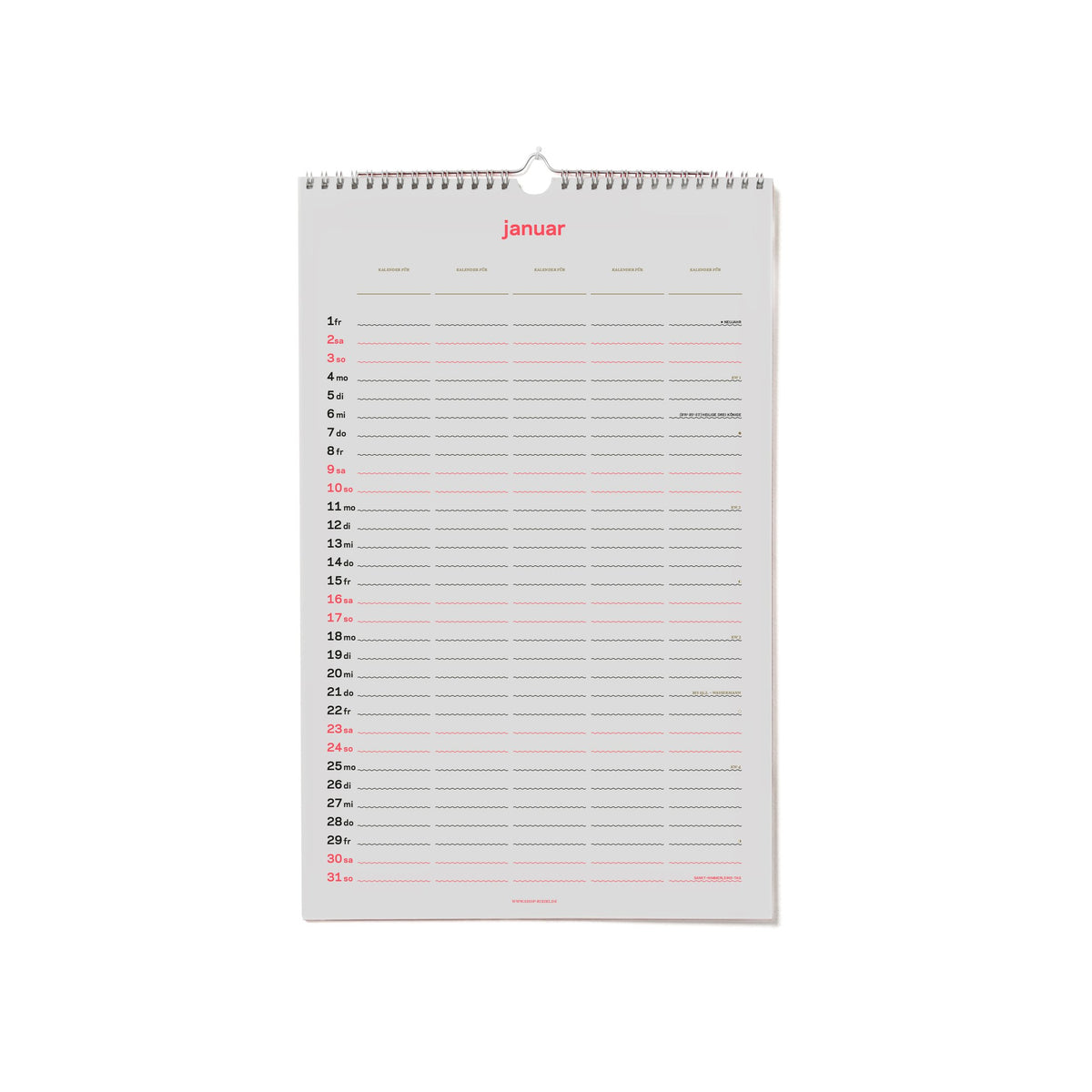 Familienkalender 2027 – Siebdruck · 5 Spalten · 26,7×42 cm | rikiki