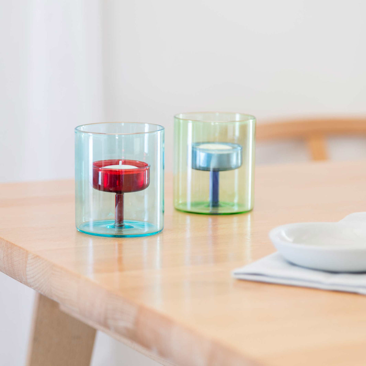 DUO TONE Tea Light Holder - zweifarbiger Glas-Teelicht-Halter Grün & Blau | Block Design