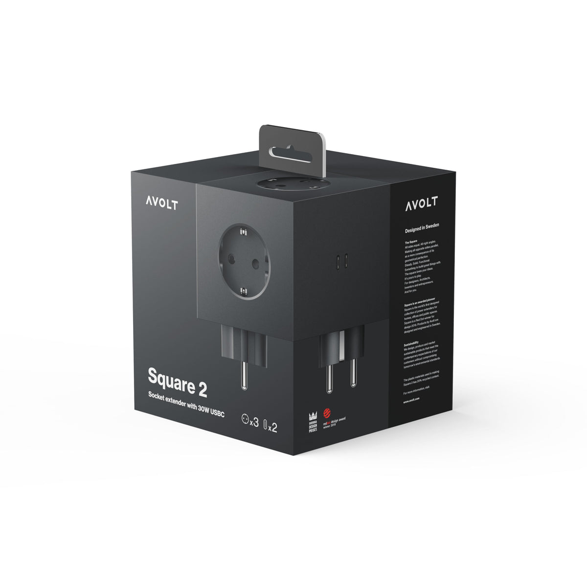 Steckdosenleiste "Square 2" – Schwarz · 3-fach · USB-C | Avolt