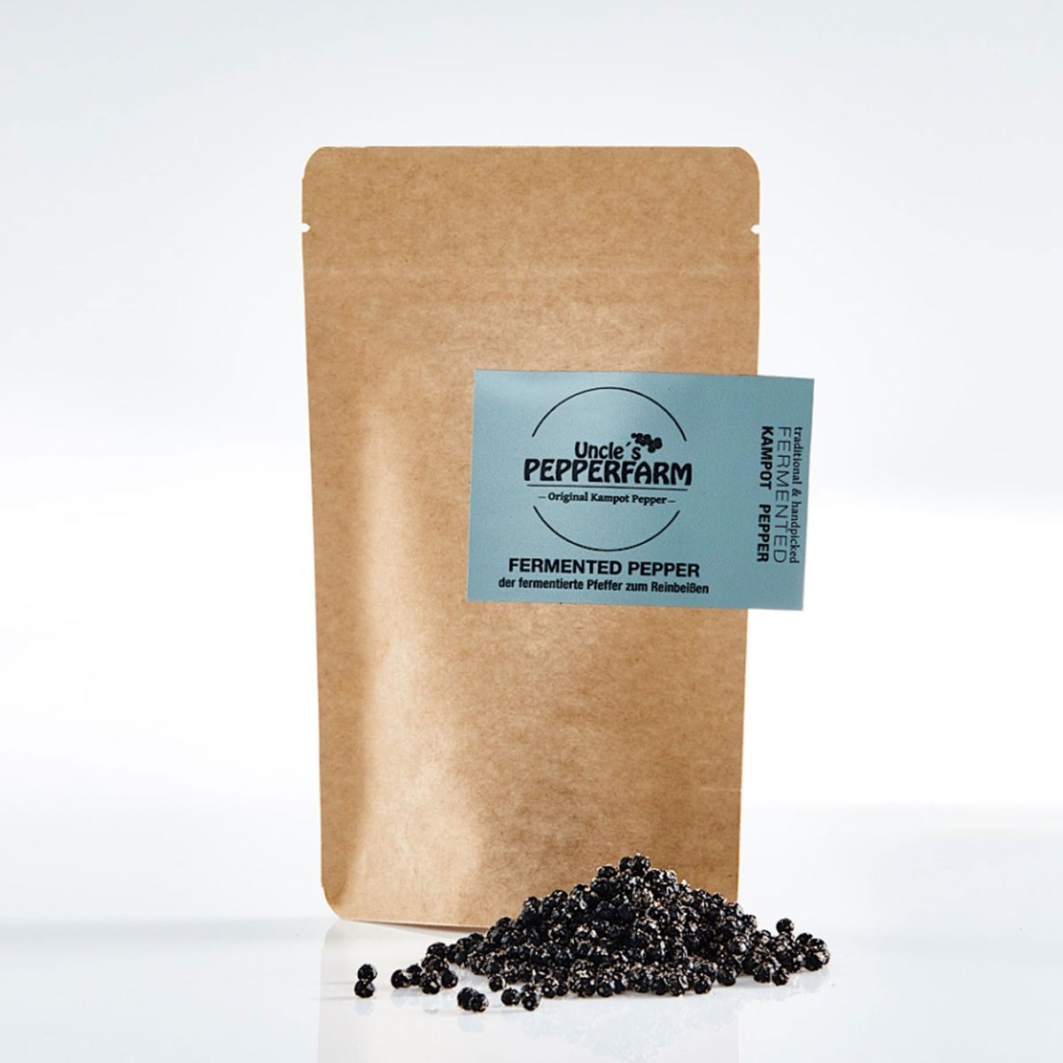 POIVRE DE KAMPOT fermenté | Grains de poivre marinés au sel de mer | 150 g en sachet protecteur d'arômes | La ferme de poivre de l'oncle