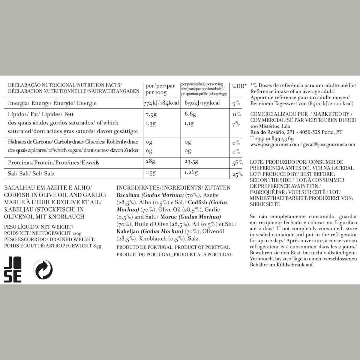 Stockfisch in Olivenöl mit Knoblauch – 120 g | José Gourmet