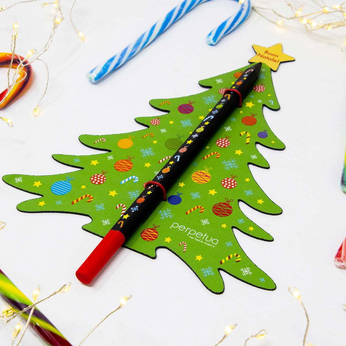 CHRISTMAS TREE PENCIL - Black pencil made from recycled graphite with Christmas icon print | perpetua