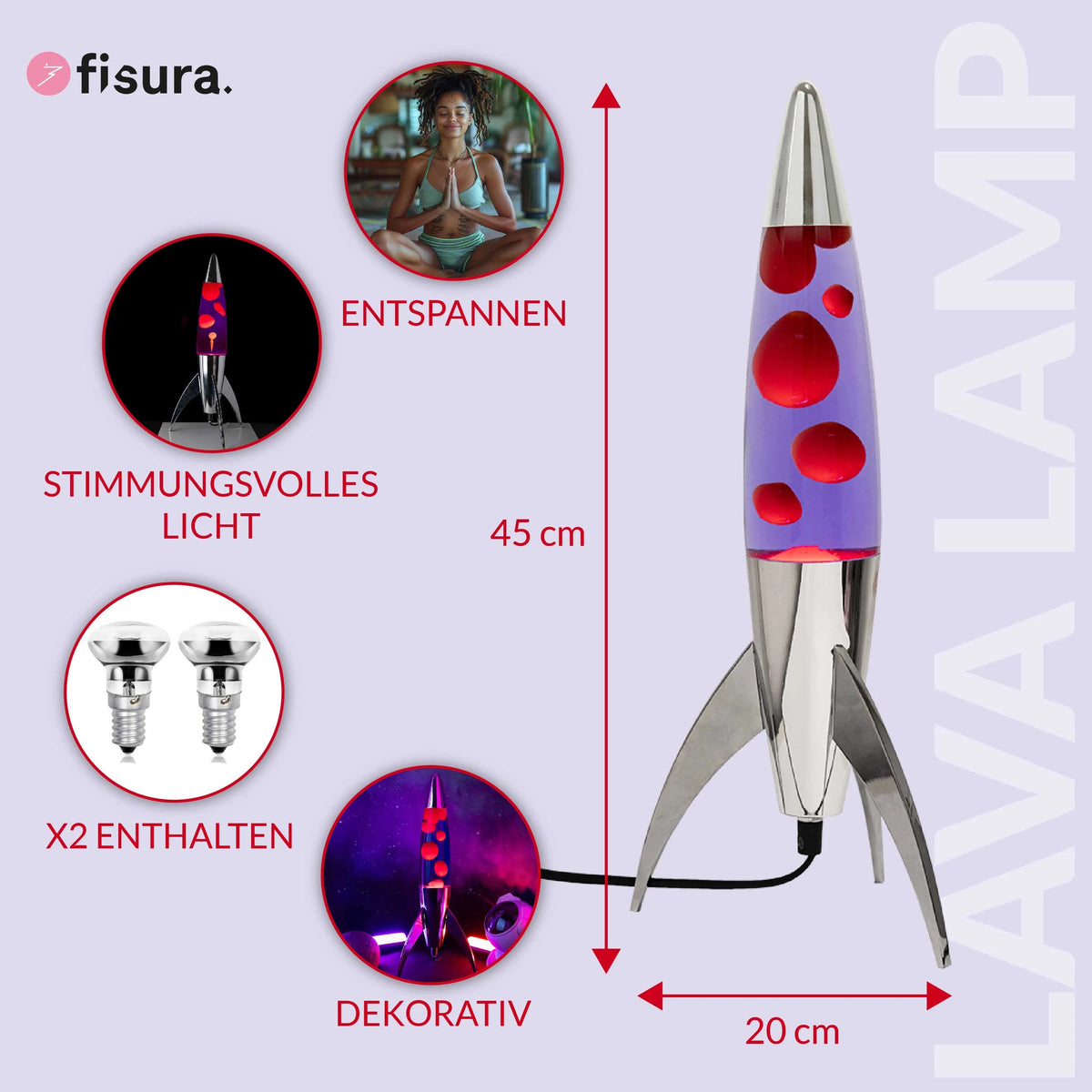 Lavalampe Rocket – Silber · Violette Lava · Retro · 45 cm | Fisura