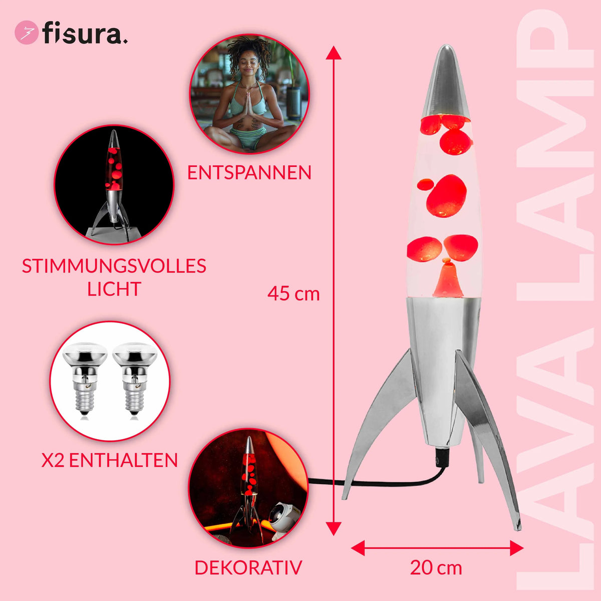 Lavalampe Rocket – Silber · Rote Lava · Retro · 45 cm | Fisura