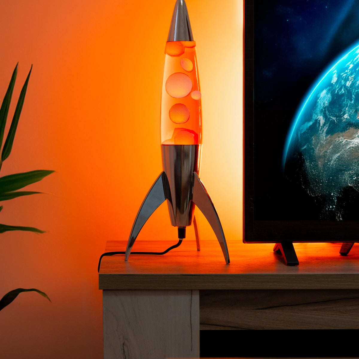 Lavalampe Rocket – Silber · Orange Lava · 45 cm | Fisura