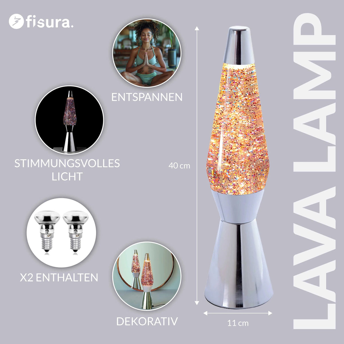 Lavalampe Bullet – Pink Glitter · Retro · 40 cm | Fisura