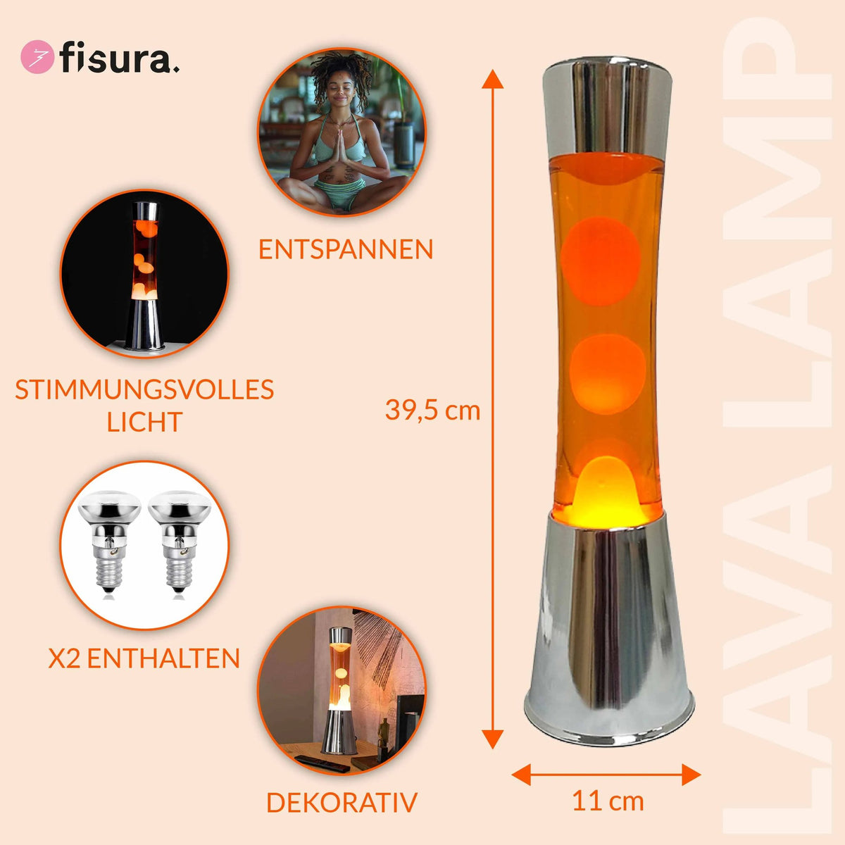 LAVALAMP - lampe à lave - pied chromé lave orange H=40cm | Fisura