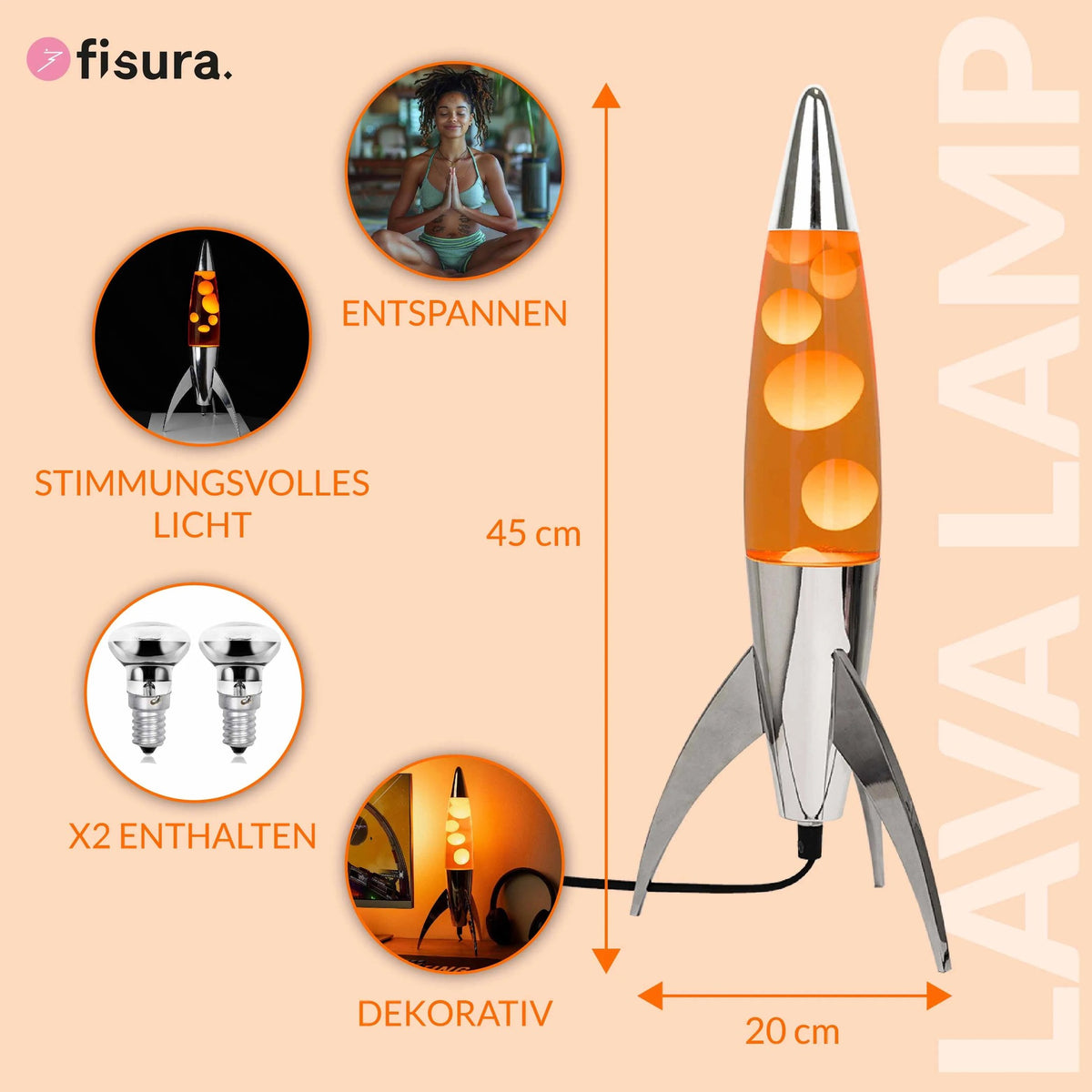 Lavalampe Rocket – Schwarz · Very Peri Lava · Retro · 45 cm | Fisura