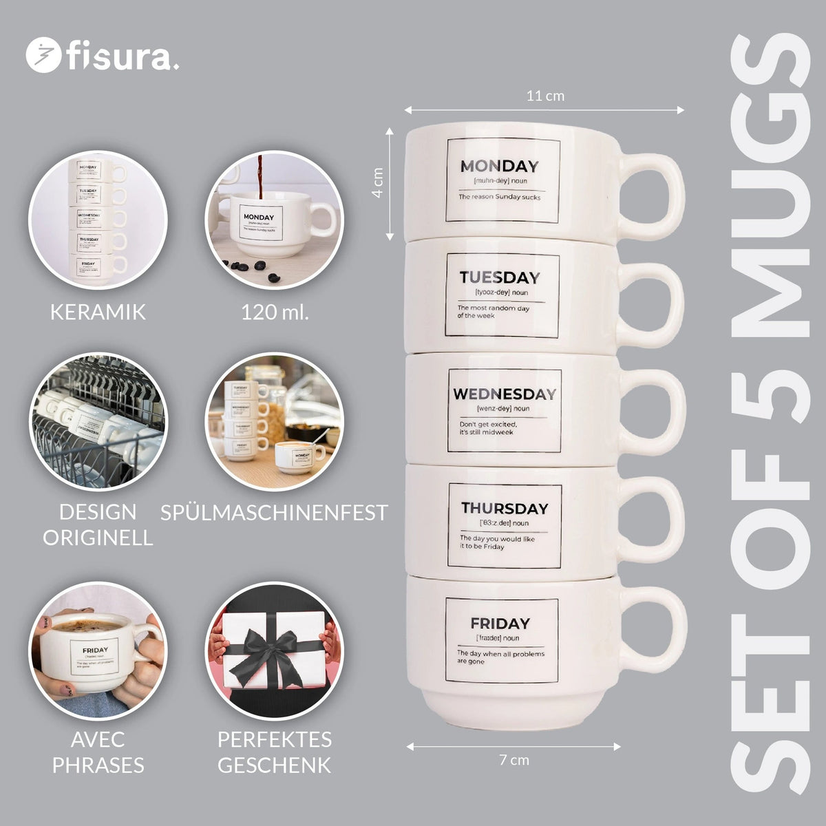 Tassen-Set Wochentage – 5er Set · Keramik | Fisura