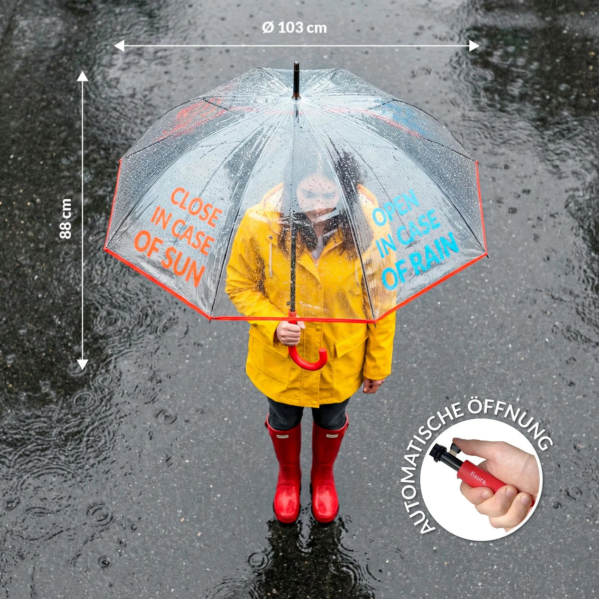 Regenschirm "open in case of..." – Transparent · Ø 103 cm | Fisura