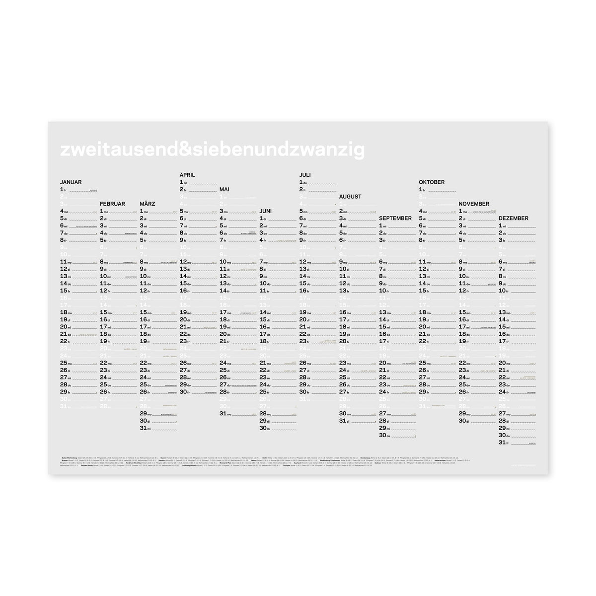 Jahreskalender 2027 – Siebdruck · Weiß · A1 | rikiki