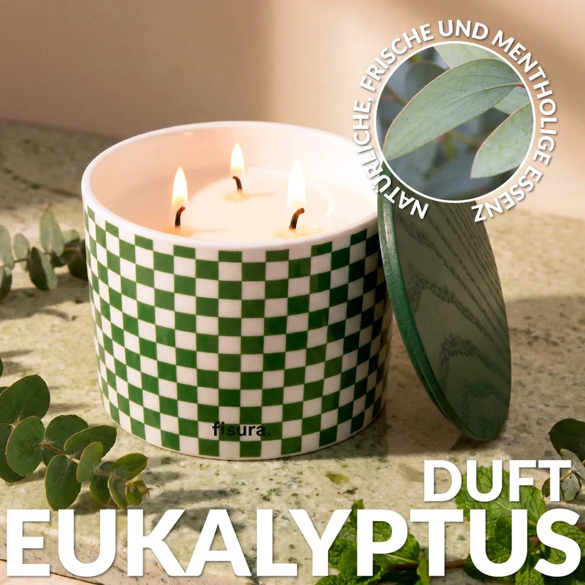 Duftkerze Karo Grün-Weiß – Keramik · Eukalyptus & Minze | Fisura