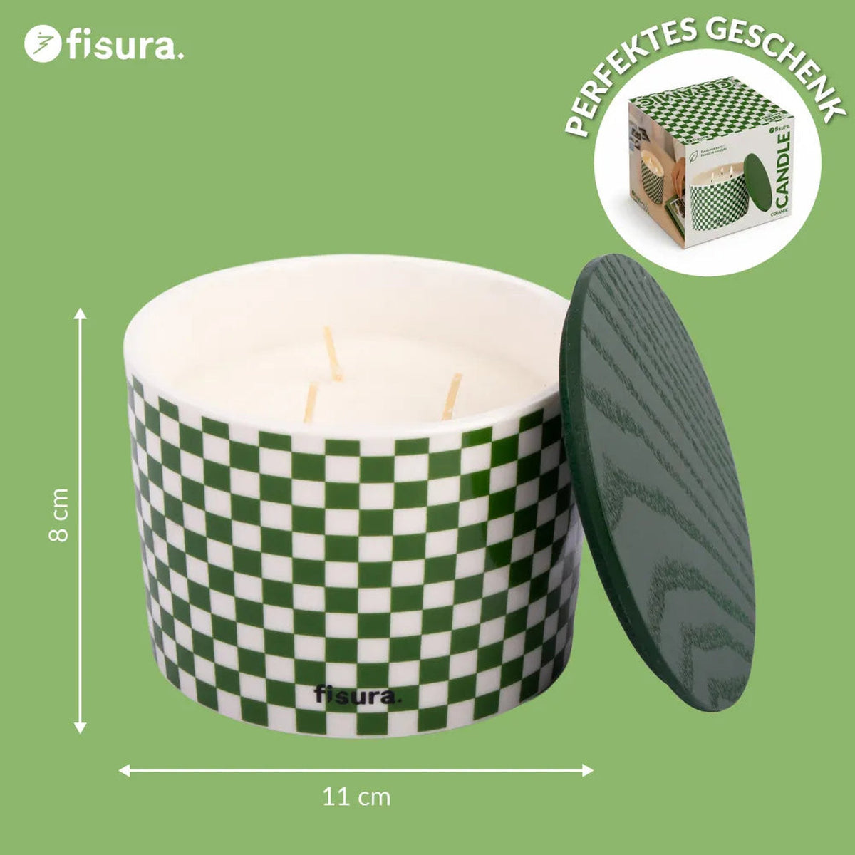 Duftkerze Karo Grün-Weiß – Keramik · Eukalyptus & Minze | Fisura
