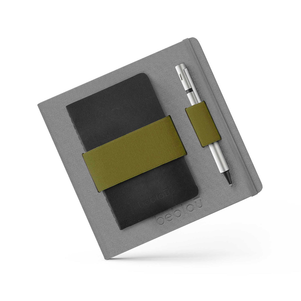 FLEX Dunkelgrau | NOTIZBUCH mit integriertem grünem ORGANIZER-Band | 18x18 cm | beblau
