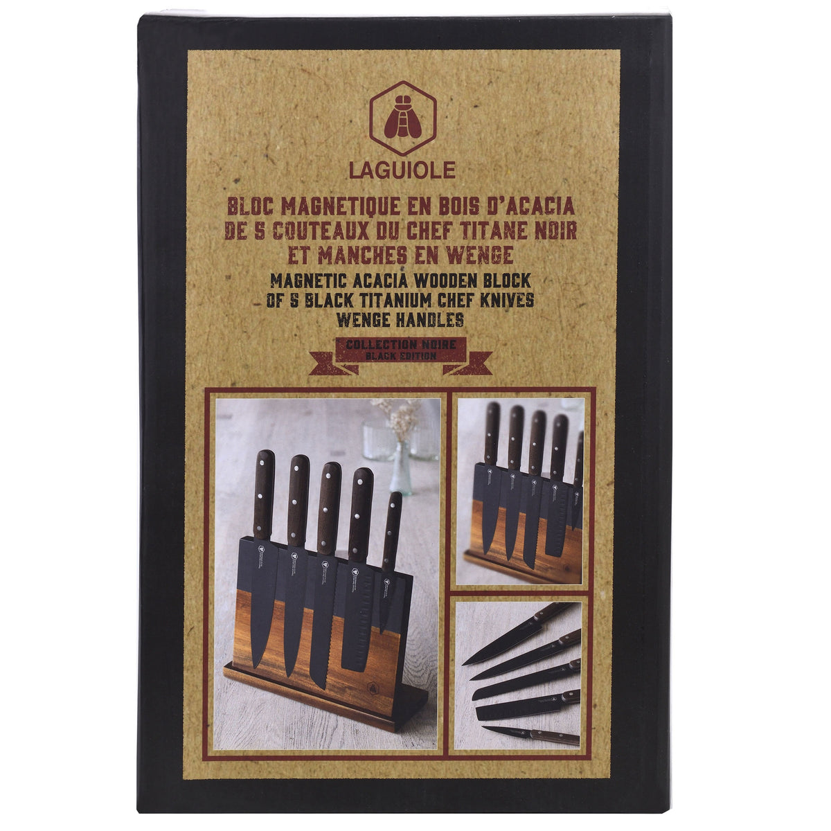 Magnetic Knife Block with 5 black Kitchen Knives | Laguiole