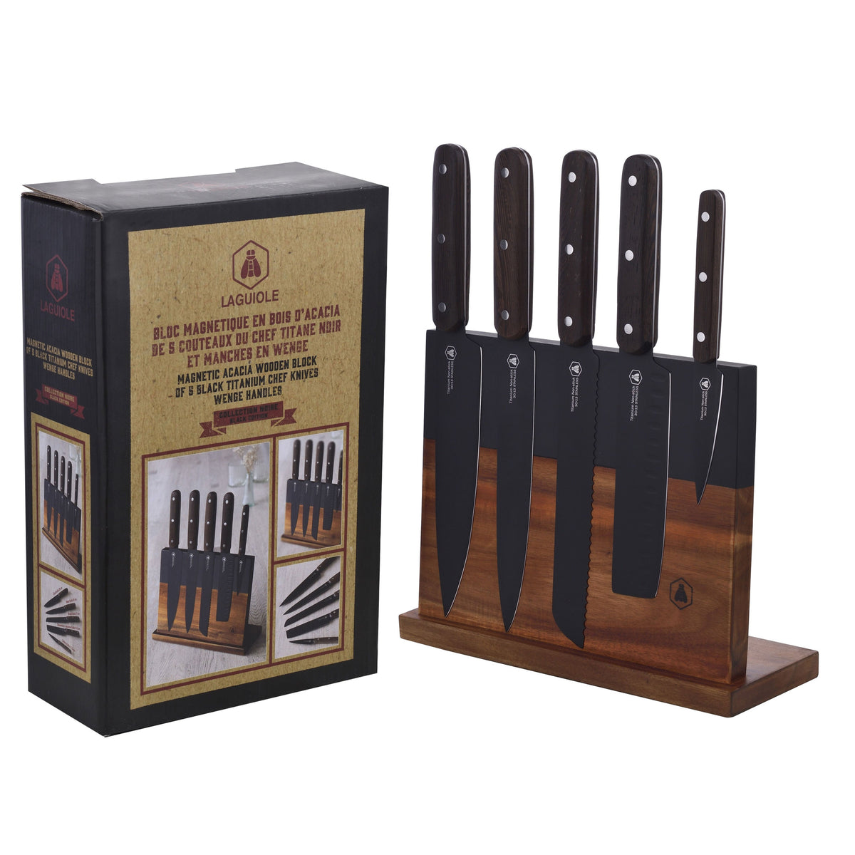 Magnetic Knife Block with 5 black Kitchen Knives | Laguiole