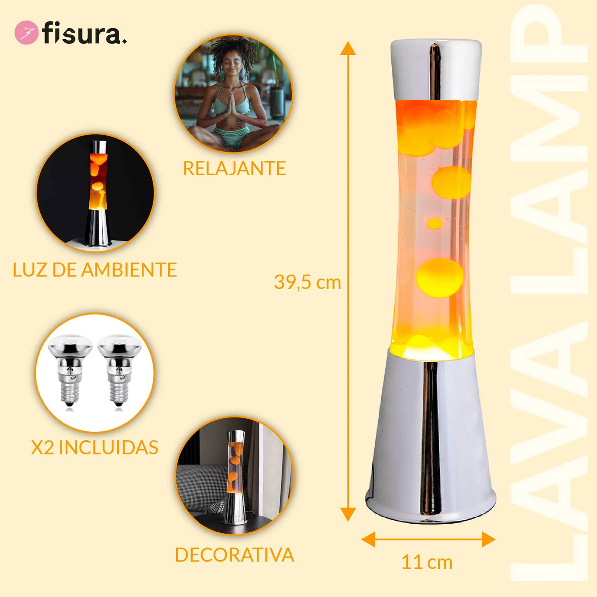 LAVALAMP - lampe à lave - pied chromé lave orange H=40cm | Fisura