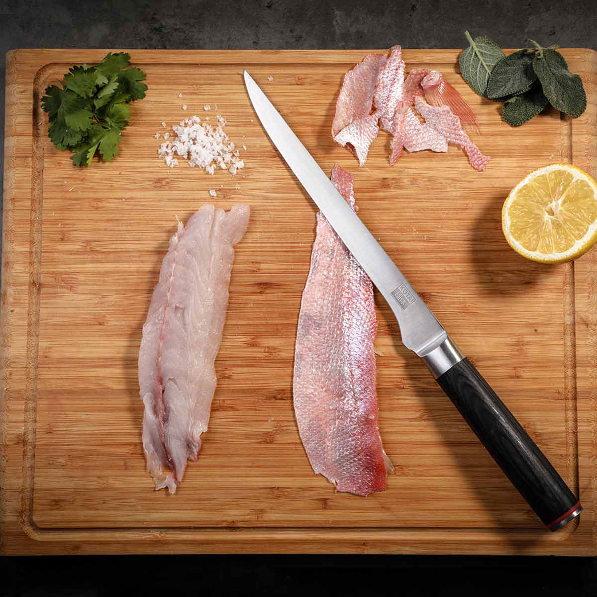 FILETIERMESSER für Fisch | hölzerne Saya & Bambus-Geschenkbox | 20cm Klinge | Kotai