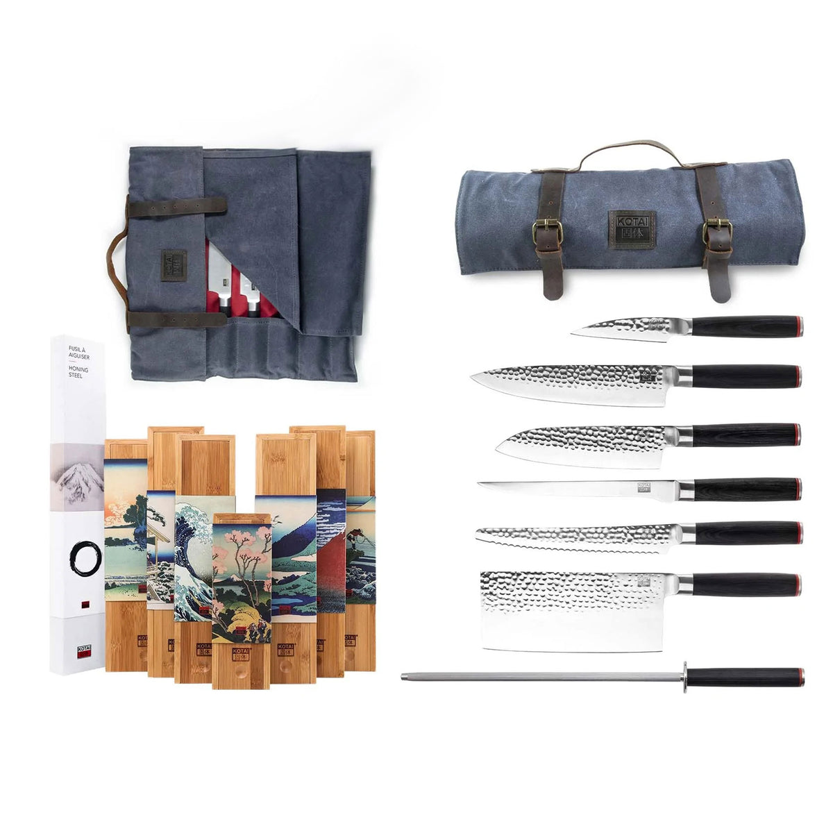NOMAD KNIFE SET in BAG | Profi Reise-MESSER-SET | 6 Messer, Wetzstahl und Tasche | Kotai